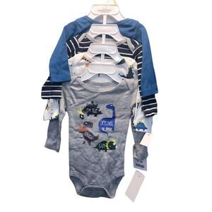 Koala baby long sleeve 4 pack of blue/gray dinosaur bodysuits, 0-3 months